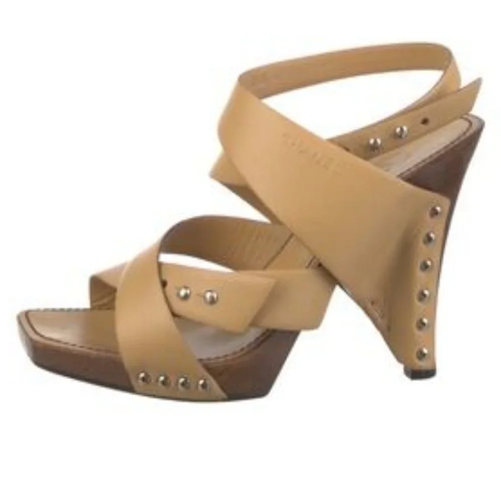 CHANEL Studded Strappy Sandals Shoes Camel Beige Nude Heels 37 6.5 HOST PICK x2